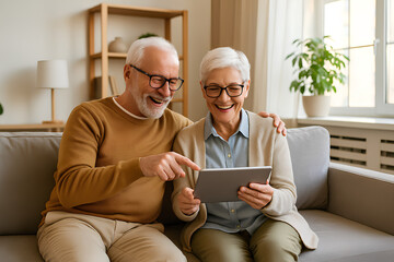 Happy senior couple using tablet in cozy sunlit living room