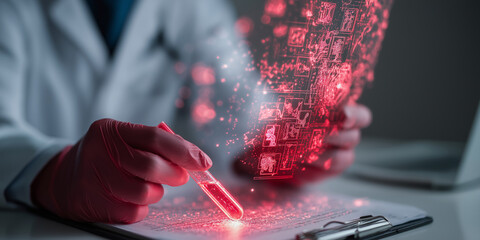 Medical professional in lab coat examines glowing digital interface with test tube, symbolizing advanced technology in healthcare. scene conveys innovation and precision