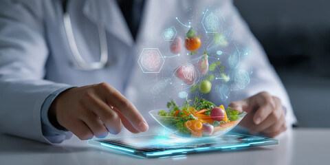 Medical professional interacts with digital display showing holographic salad, symbolizing intersection of technology and nutrition. vibrant hologram includes various vegetables and fruits