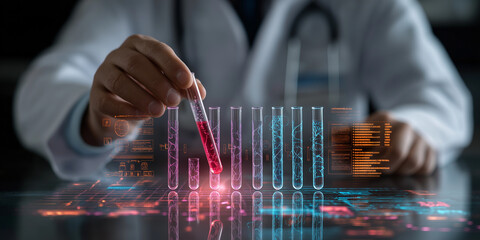 Medical professional examines futuristic digital blood test results, showcasing advanced technology in healthcare. scene highlights innovation and precision in medical diagnostics