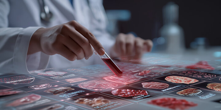 Medical professional analyzes blood test results futuristic digital interface, showcasing advanced technology healthcare diagnostics. scene highlights innovation and precision medical research