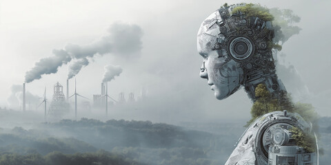 Futuristic humanoid robot with mechanical features stands amidst landscape of industrial factories emitting smoke, symbolizing intersection of technology and environmental impact