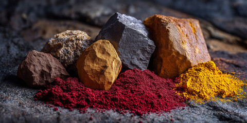 Colorful mineral powders and rocks are displayed on textured surface, showcasing vibrant red, yellow, and brown hues. image highlights natural beauty and diversity of earth minerals