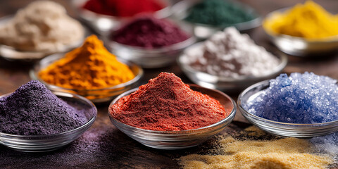 Variety of colorful powders and crystals are displayed small glass bowls, showcasing vibrant hues like red, purple, blue, and yellow. arrangement creates visually striking and artistic composition