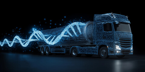 Futuristic truck with digital DNA strand symbolizes integration of technology and innovation in transport, possibly hinting at renewable energy or advanced genetic engineering