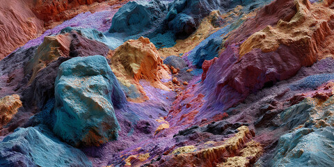 Vibrant, multicolored landscape with rocky formations in shades of blue, orange, purple, and yellow, resembling surreal, abstract terrain. texture and colors create striking visual effect