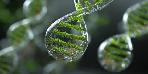 Close up of DNA strand with green and transparent elements, symbolizing genetic engineering and biotechnology. image conveys innovation and scientific advancement