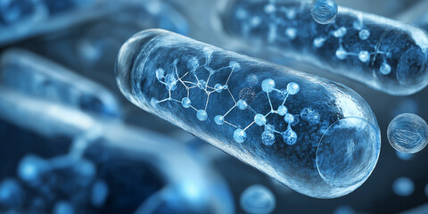 Digital illustration of futuristic capsule with molecular structure inside, symbolizing advanced biotechnology and genetic engineering. blue tones convey sense of innovation and scientific