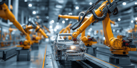 Futuristic automotive assembly line features advanced robotic arms working on car chassis, highlighting integration of robotics and automation in modern manufacturing