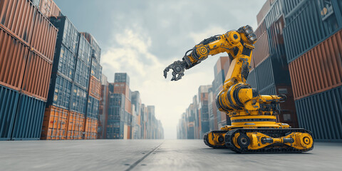 Yellow robotic arm operates in shipping container yard, showcasing advanced technology in logistics and supply chain management. scene highlights automation and efficiency