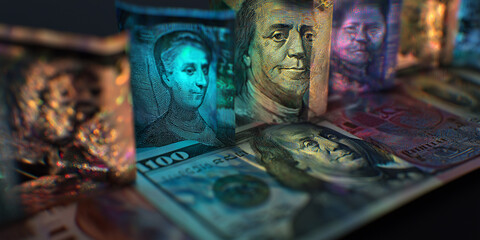 Row of various world currencies is displayed with holographic effect, showcasing intricate details and vibrant colors. image highlights diversity and technology in currency design