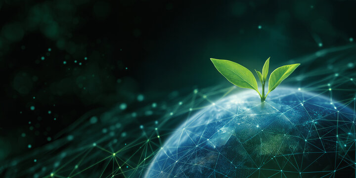 Small green plant sprouts from digitally connected Earth, symbolizing growth and sustainability in networked world. image conveys sense of hope and innovation