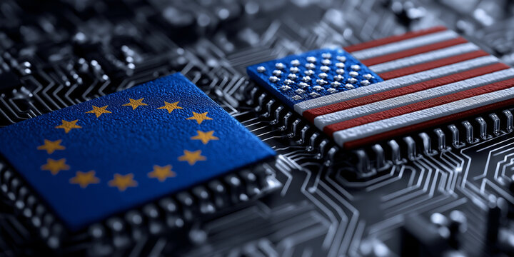 Microchips with European Union and United States flags symbolize tech collaboration and competition. image highlights semiconductor industry dynamics amid global challenges