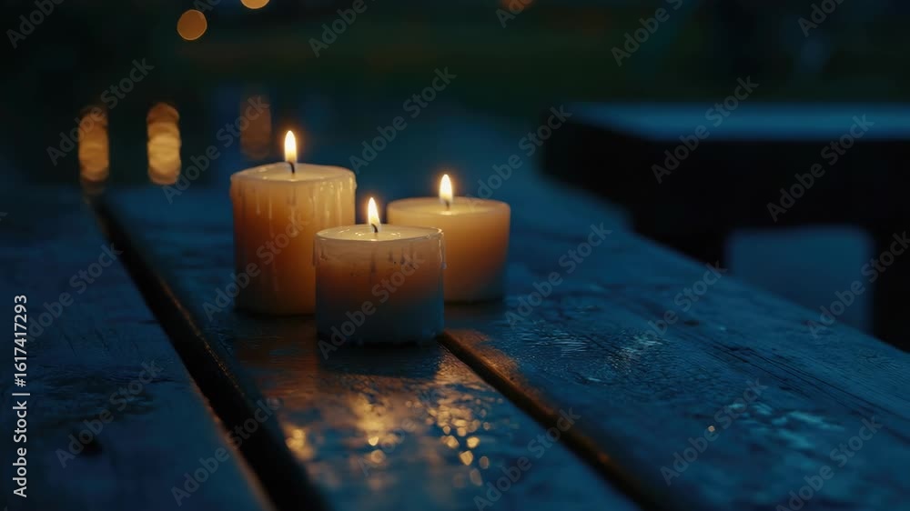 Poster three lit candles on a wet wooden bench at night, creating an atmosphere of calmness and reflection.
