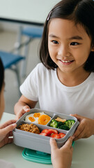 Young girl receives a healthy lunchbox filled with fruits and vegetables