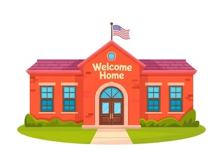 Charming brick house with american flag and welcome home sign