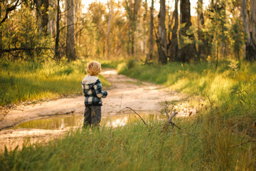 Little boy exploring the Australian bush in golden afternoon light