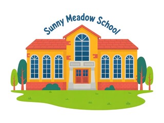 Sunny meadow school building with green lawn and trees