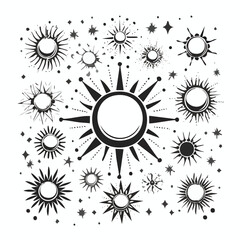 Collection of black sun and star graphic elements on white background stars celestial