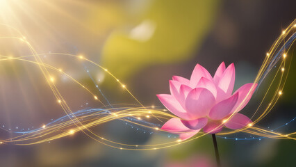 Pink lotus flower glowing with magical light waves in soft sunlight