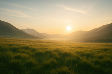 Golden sunrise over green grass field with mountain silhouette in background