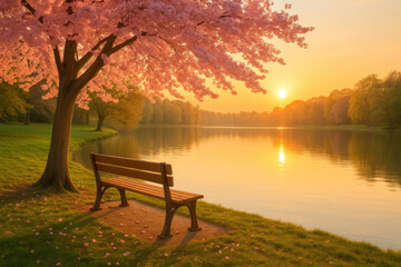 Cherry blossom tree bench lake sunset peaceful nature scene