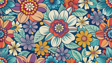 Colorful floral pattern with stylized flowers and leaves on dark blue background vector
