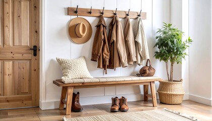 Cozy entryway with wooden bench and coats (1)