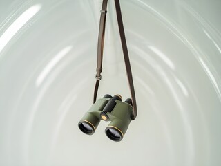 Vintage binoculars with leather strap hanging against a white background