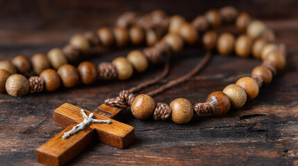 Wooden rosary beads and cross on a rustic surface.