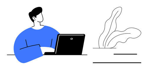 Person sitting with a laptop, engaged in work, next to a leafy plant illustration. Ideal for remote work, productivity, creativity, focus, minimalism, modern design simple flat metaphor