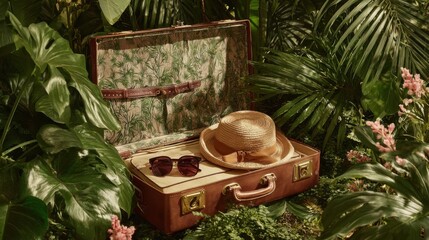 Vintage suitcase with hat and sunglasses nestled among lush tropical foliage
