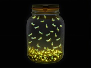 Jar filled with glowing fireflies on a dark background