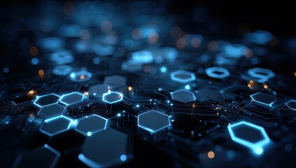 Fototapeta premium Abstract digital circuit board with glowing hexagons