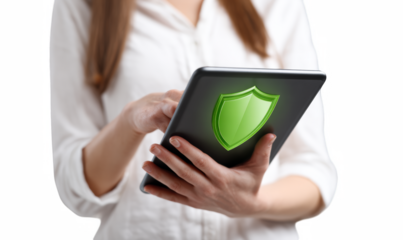 Woman using tablet with digital security shield, protecting data and information