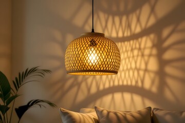 Warm Bamboo Pendant Light Casting Shadow Patterns