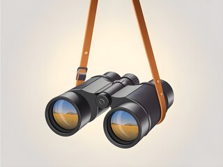 Black binoculars with leather strap hanging against a light background
