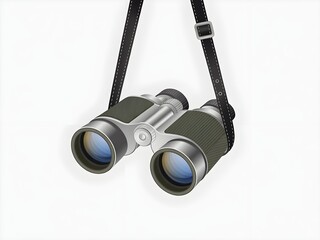 Binoculars with neck strap hanging against white background