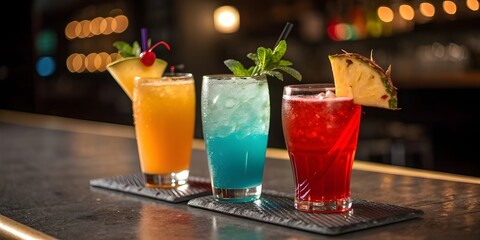 Three colorful tropical cocktails on a bar with pineapple garnish and bokeh lights