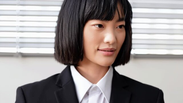 Poscast Business Microphone Concept, Professional woman black suit with bob haircut speaks confidently during meeting and presentation