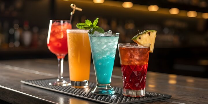 Four colorful refreshing cocktails on a bar counter with blurred background