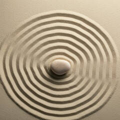 Zen garden with a single stone and raked sand in concentric circles