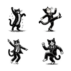 Fototapeta premium stylized black and white illustrations of cats wearing hats and dancing in various poses, some with musical notes and star accents.
