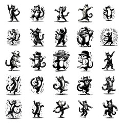 Obraz premium stylized black and white illustrations of cats wearing hats and dancing in various poses, some with musical notes and star accents.