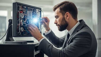 Focused Technician Repairs Computer Circuitry
