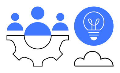 People icons inside a gear symbolizing teamwork, with a lightbulb representing innovation near a cloud. Ideal for business, collaboration, leadership, creativity, problem-solving, strategy, simple