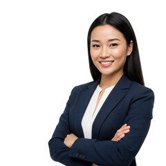 Professional asian woman in a dark suit and white blouse smiling confidently with arms crossed isolated on transparent background