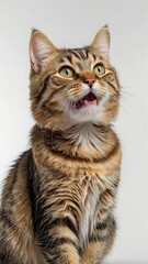 Adorable tabby cat looking up with open mouth
