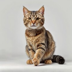 Adorable tabby cat sitting on gray background