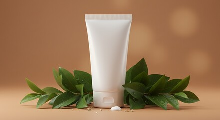 White Cosmetic Tube Mockup with Green Leaves and Cream on Brown Background.
